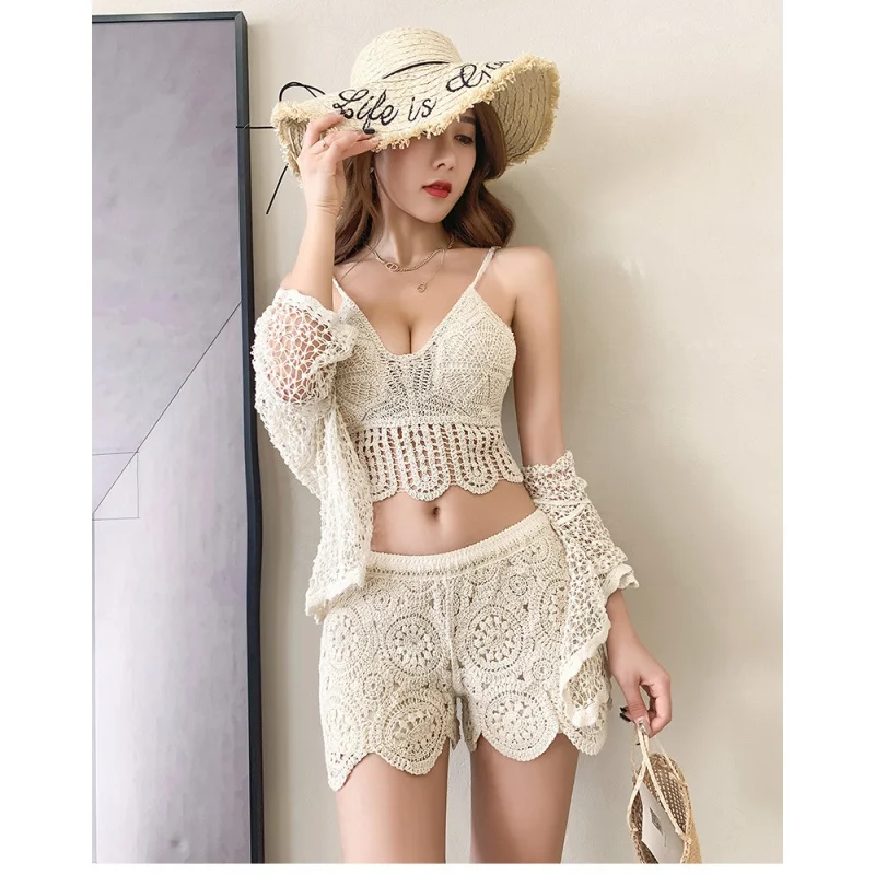 Swimsuit Korean Sexy Ins Vacation Goddess Temperament Conservative Knitted Lace Two-Piece Bikini For Women