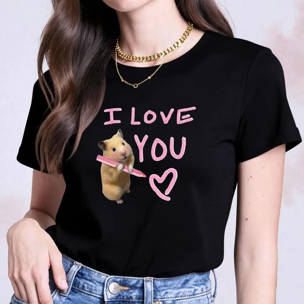 Cute Hamster Holding Pencil I Love You Graphic T-Shirt Women Summer Vintage Short Sleeve Pink Letter Print Y2k Street Daily Wear