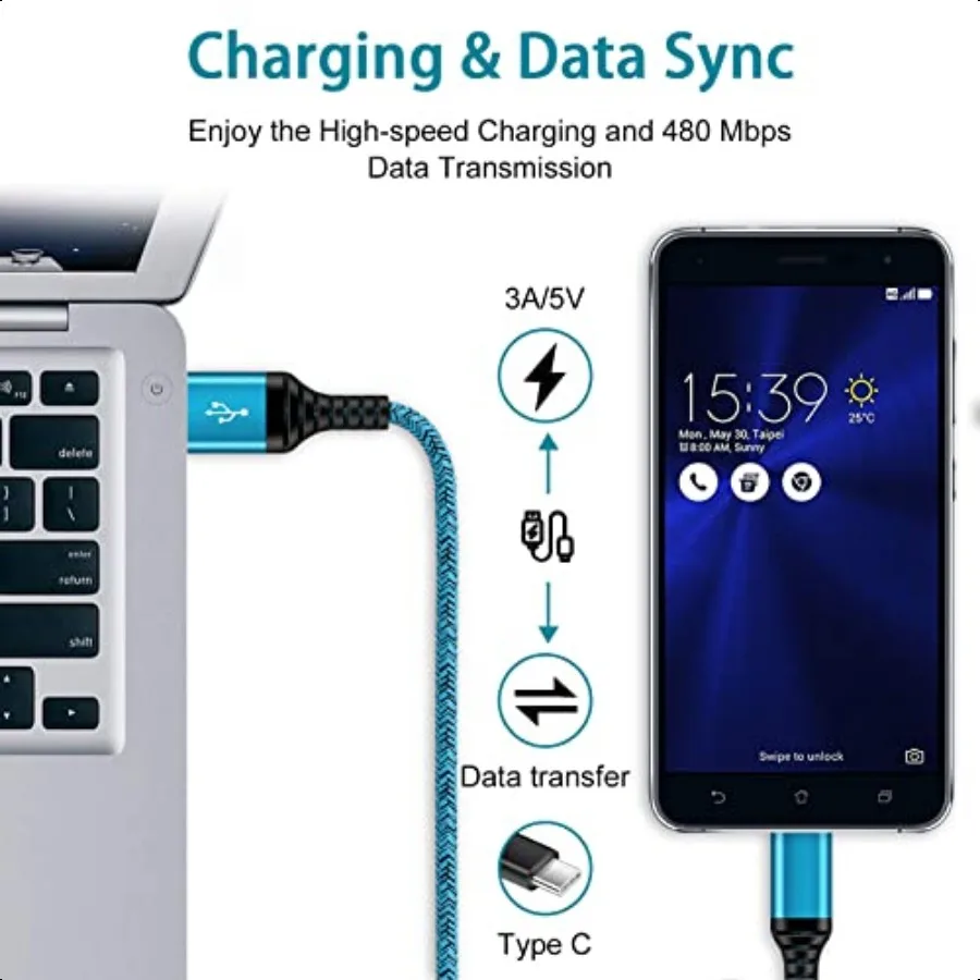 C شاحن الحبل شحن سريع USB نوع C كابل أندرويد كابلات الشاحن 6FT 2 حزمة لسامسونج غالاكسي S25 S24 S23 S22 S21 S20 الترا