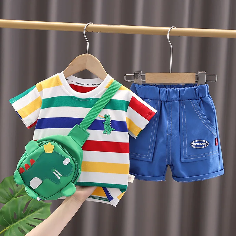 New Summer Baby Clothes Suit Fashion Children Boys Dinosaur Shirt Shorts Bag 3Pcs/Sets Infant Casual Outfits Kids Tracksuits
