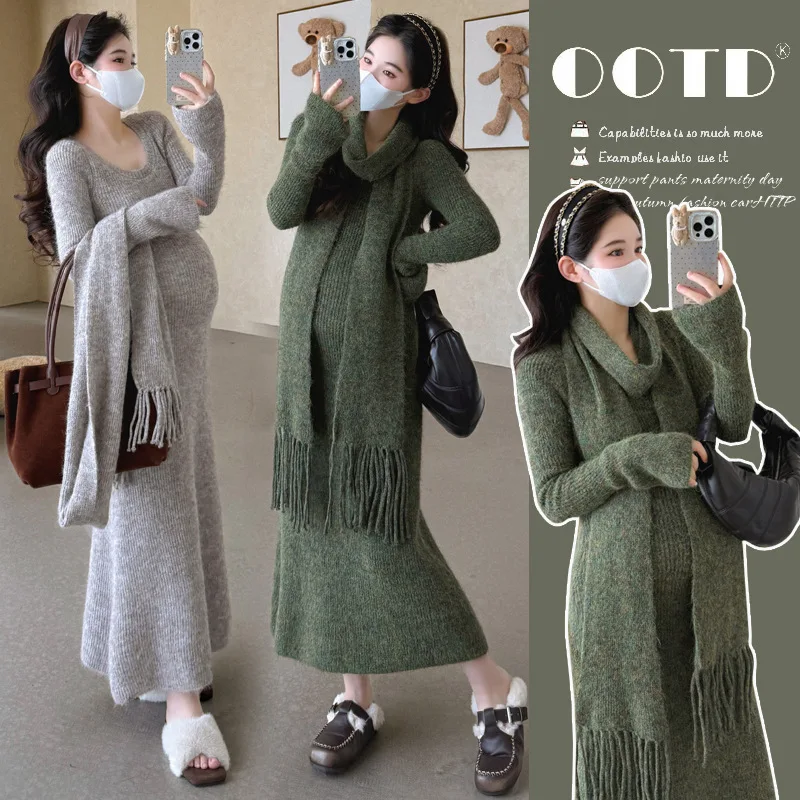 maternity-clothing-autumn-and-winter-new-korean-version-fashion-long-knitted-bottoming-dress-set-free-scarf