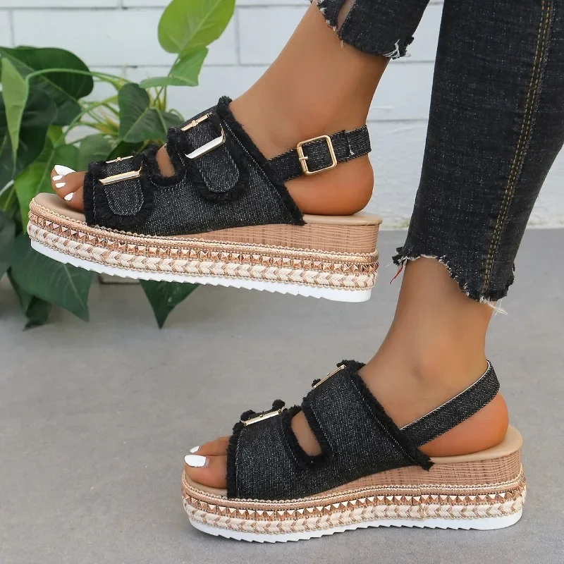 

Women Wedge Sandals New Summer Beach Slippers Double Buckle Non-slip Clogs Slides Women Flip Flop Platform Sandals Denim Female