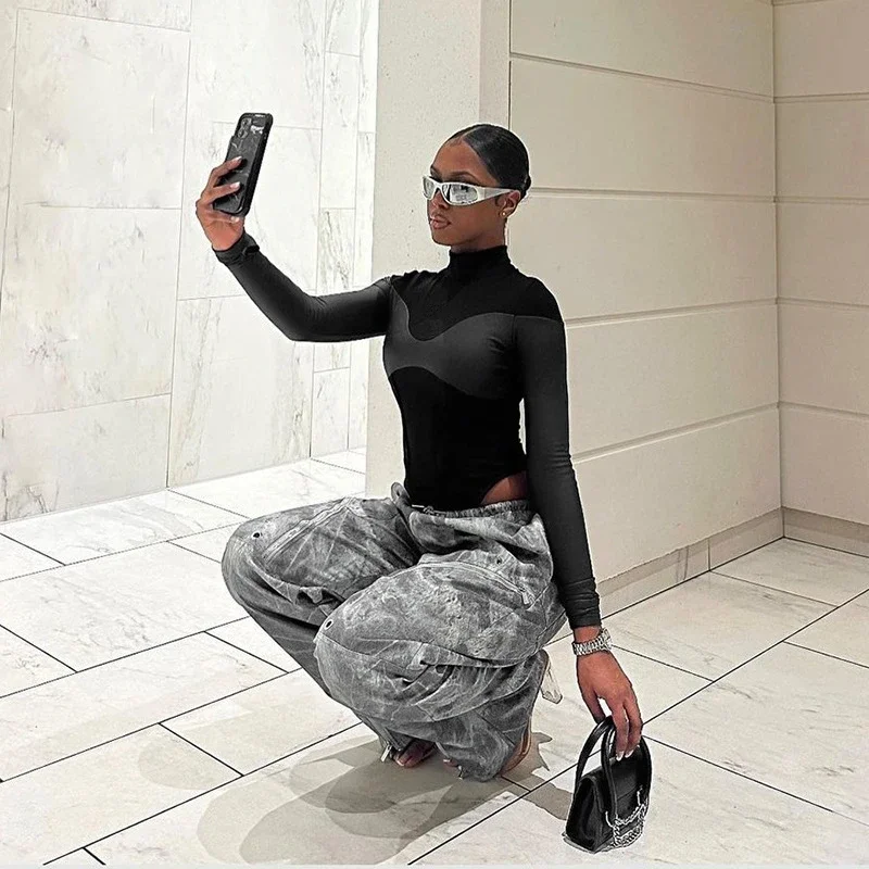 

Узкая сексуальная новая цельная футболка из искусственной кожи с высоким воротником и длинными рукавами для женщин