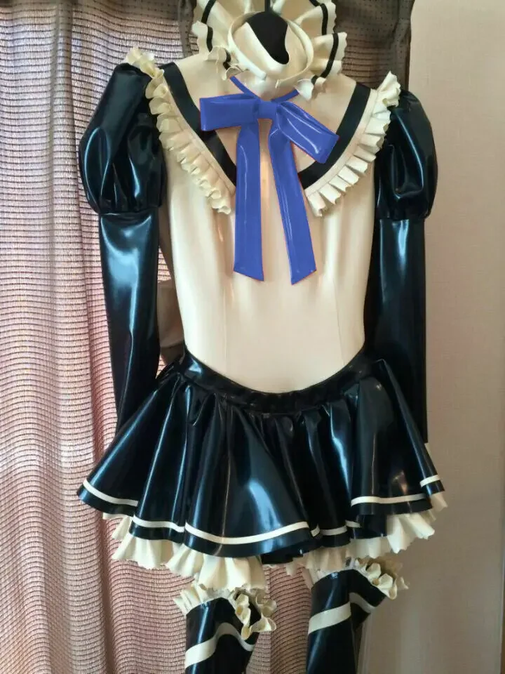 

100% Latex Rubber Maid Kleid Reißverschluss Rüschen Uniform Strumpfband Rock