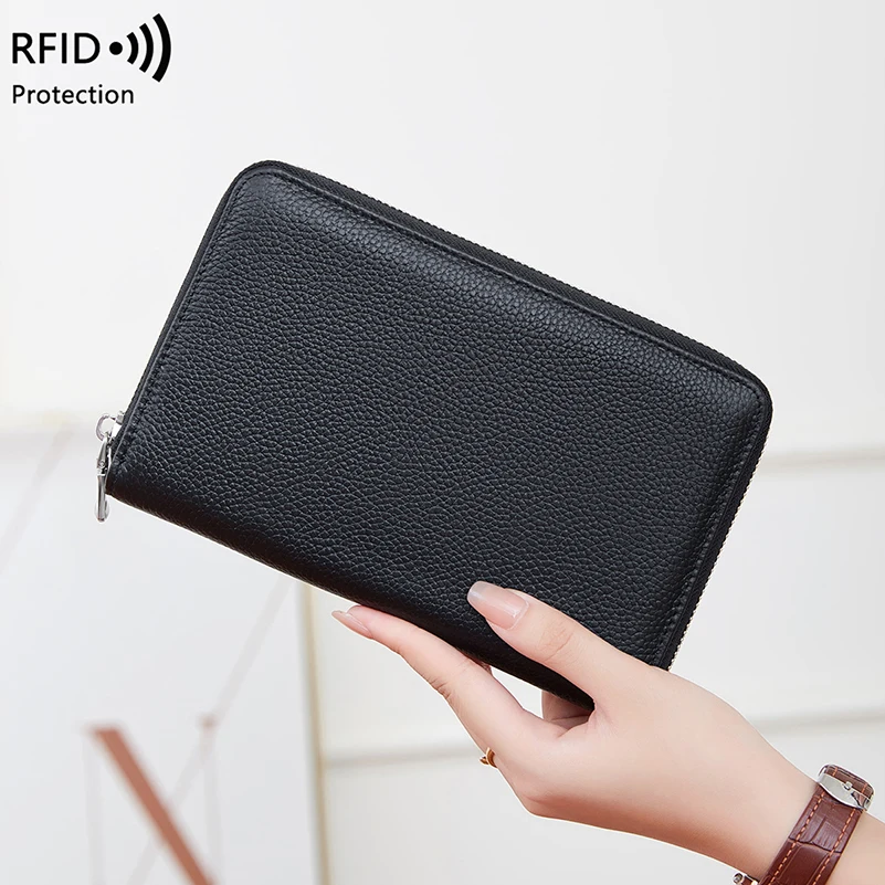 Western RFID Blocking Litchi Grain PU Leather Women Wallet Large Capacity Multi Colors Passports Phone Bag Purse for Ladies