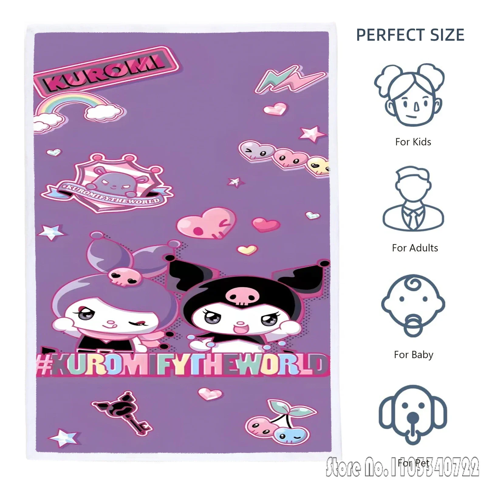 Anime Kuromi Flannel Blankets Sanrio Cartoon Throw for Bed Sofa Decor Fleece Nap Blankets Boys Girls Children Gift