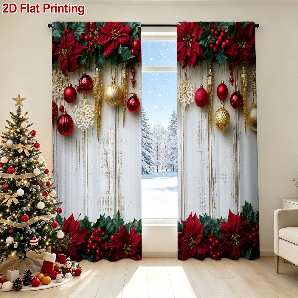 2PCS Christmas Winter Curtains, Poinsettia Berry Christmas Ornament, Digital Print, Bedroom Living Room, Rod Pocket, Home Decor