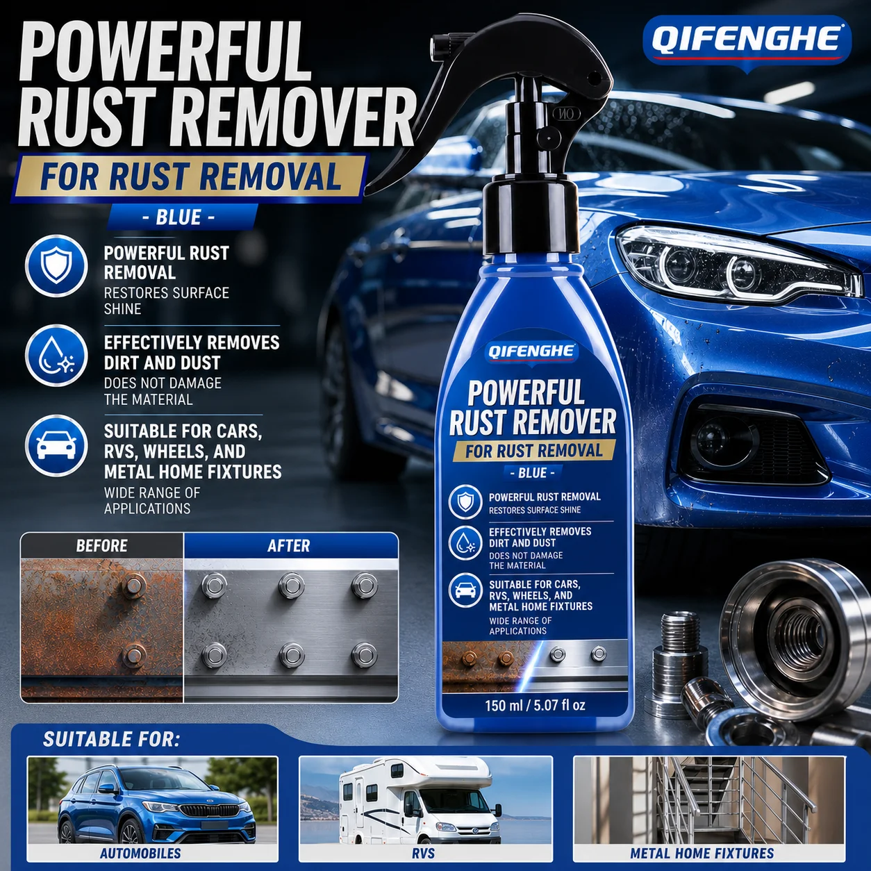 QIFENGHE 150ml Powerful Rust Remover Spray Blue Multi-purpose Metal Rust Cleaner for Car Wheels RV Metal Fixtures Restore Shine