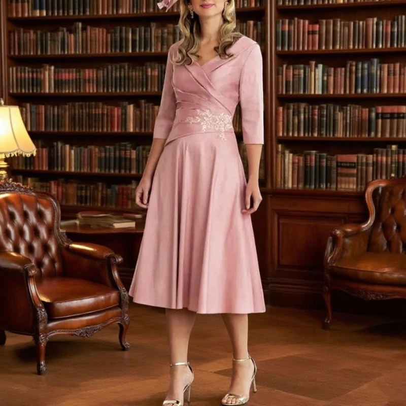 

Pink Mother of the Bride Satin A-line Cocktail Party Dress V-neck Pleat Embroidery Ruched Formal Prom Dress Customized