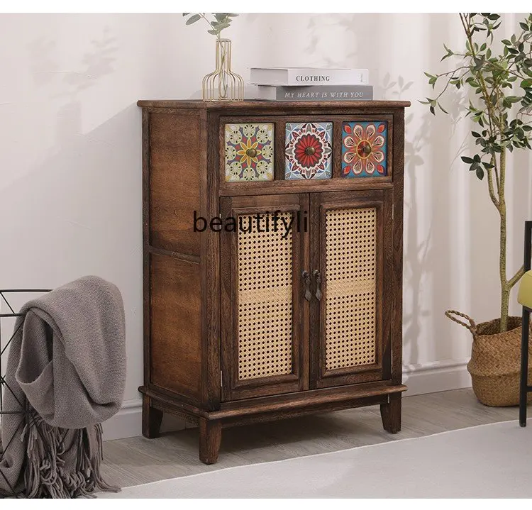 Modern  Log Chest of Drawers Vintage Rattan Storage Shoe Cabinet Double Door Bedroom Wall-Mounted Large Capacity Side Cabinet