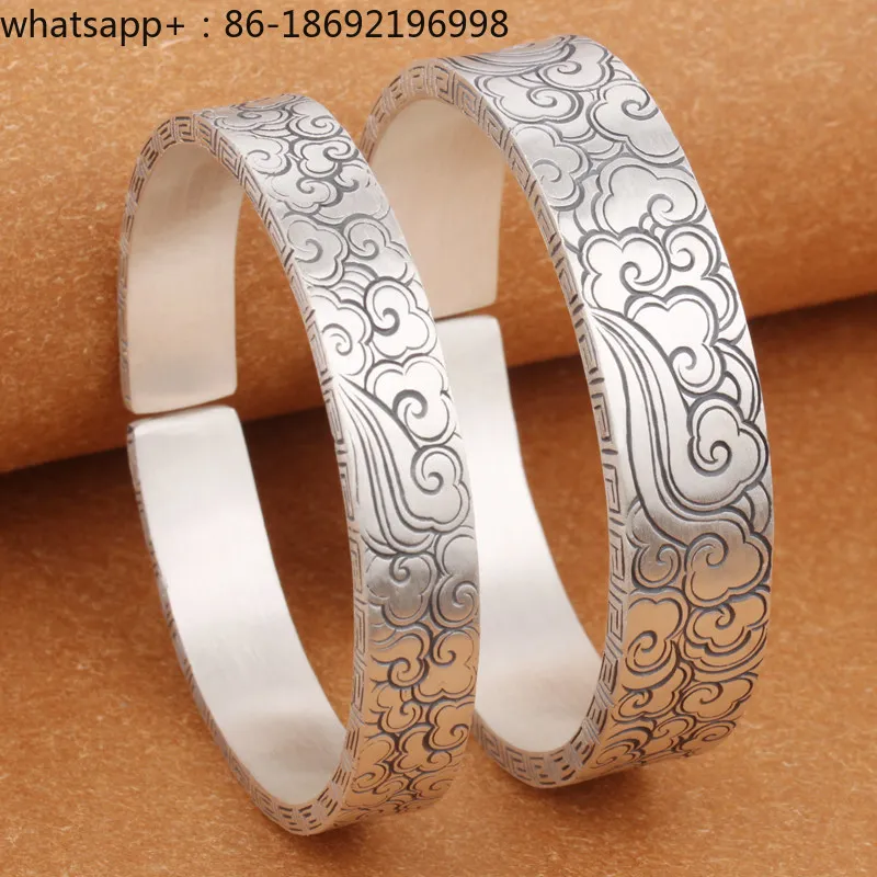 Handmade Carved Silver Bracelet 999 Sterling Silver Auspicious Cloud Retro Wide Version Solid Opening