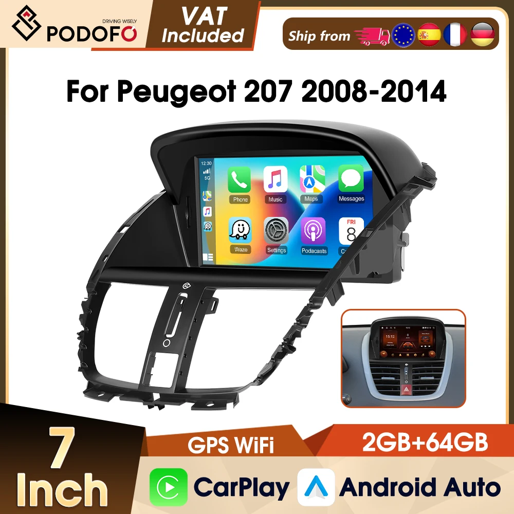 Autoradio Podofo 2Din 2+64G per Peugeot 207 2008-2014, lettore multimediale con Bluetooth, GPS, WIFI, Carplay, Android Auto, FM, RDS.