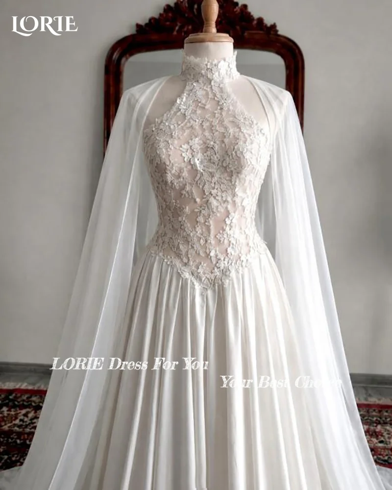 LORIE Shawl Lace Wedding Dress High Collar Long Sleeve Pleats A-line Appliques Mermaid Bride Gown Customized Corset Bride Dress