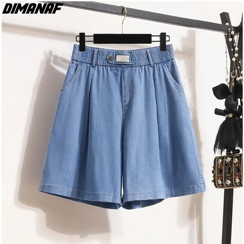 

Dimanaf Plus Size 2024 Women Pants Summer Short Jeans Elastic Waist Denim Basic Blue Female Fashion Loose Pants Oversize