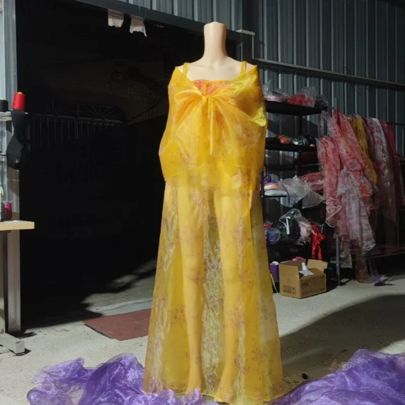 

Translucent Gloss Organza Suspender Long Dress Flowers Soft Silky Lace Up Dress Trendy Gown Party Sexy Couple Costumes