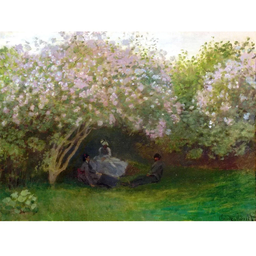 Hand painted high quality reproduction of Lilacs, Grey Weather by Claude Monet Landscape oil painting on canvas Wall decor