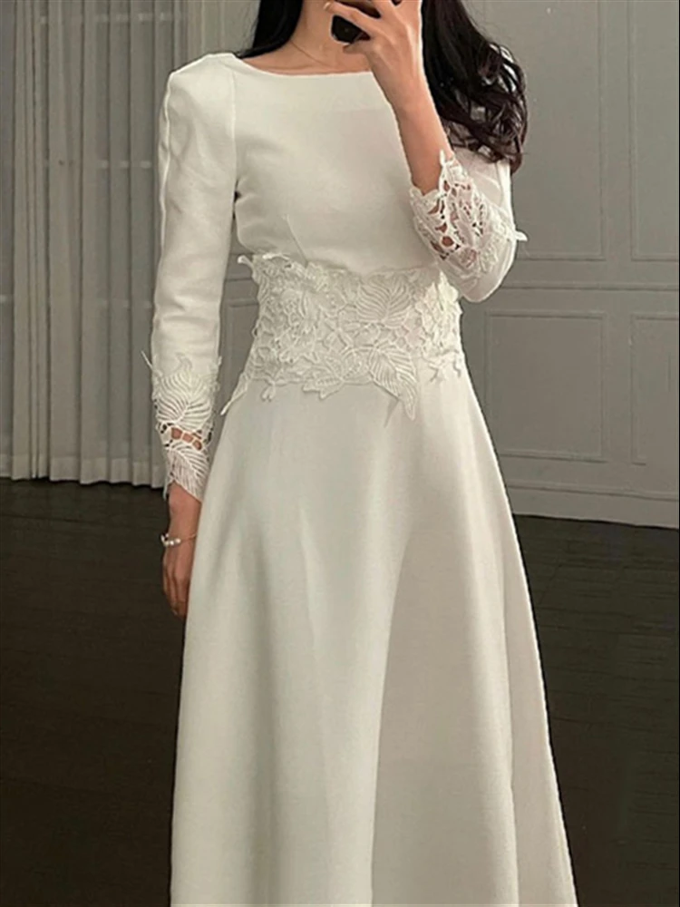 Lace Maxi Dress for Women Fall Clothes Female 2022 Solid White Party Embroidery High Waist Elegant Vestido De Mujer Woman Dress