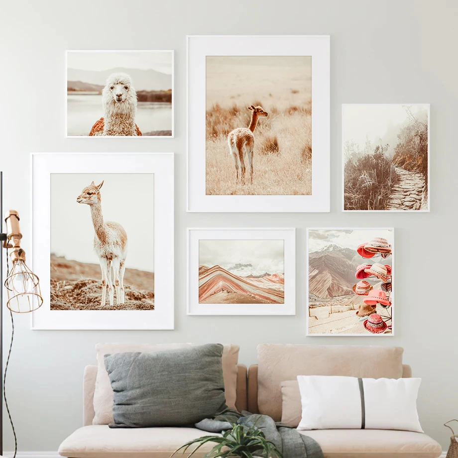 (No frame)Impresión Artística de Pared de Perú, Póster de Fotografía de Viajes con Llamas, MACHU PICCHU, Pintura en Lienzo de