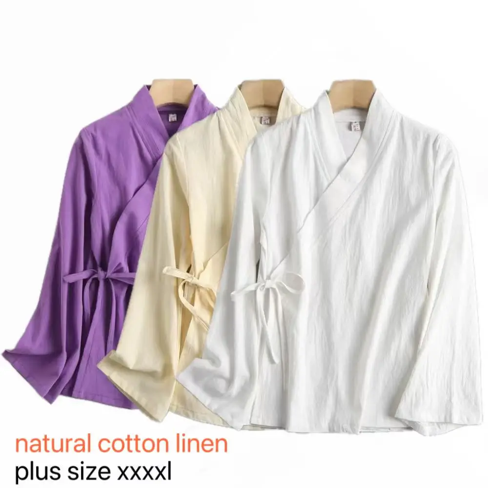 

Natural Cotton Linen Top Shirt Men Women New Chinese Style Long Sleeves Cross-tie Short Robe Vintage Tea Incense Art Uniform
