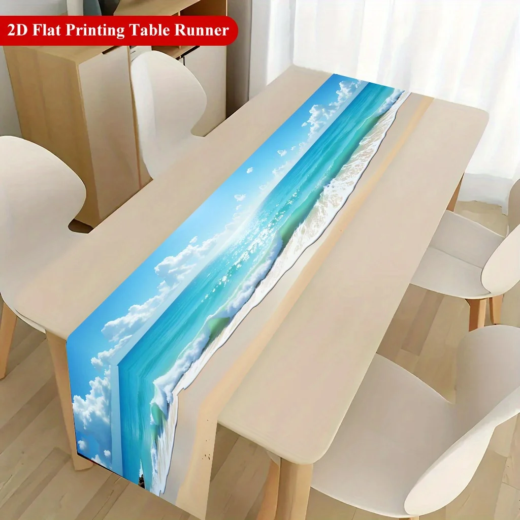 2D‑Printed Sunny Seaside Scenery Table Runner, Decor for Dining Table, Coffee‑Table, Gatherings, Indoor‑Outdoor Parties