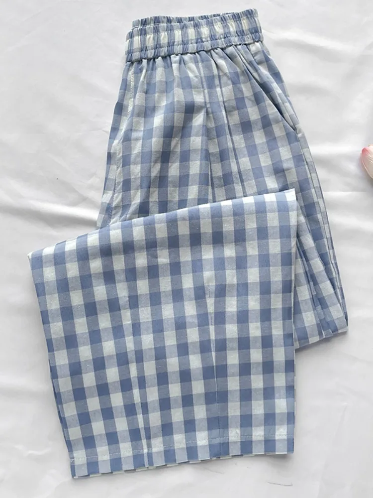 

Летние синие клетчатые брюки-облако, женские повседневные домашние брюки с высокой талией и широкими штанинами, прямые брюки-трубы, свободный крой l талии