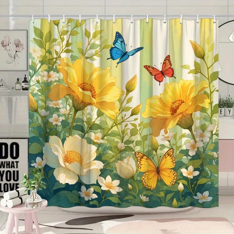 

Зеленая цветочная бабочка, моющаяся грязеотталкивающая занавеска для душа, насадка для душа, водонепроницаемая полиэстеровая занавеска для ванны для домашнего декора