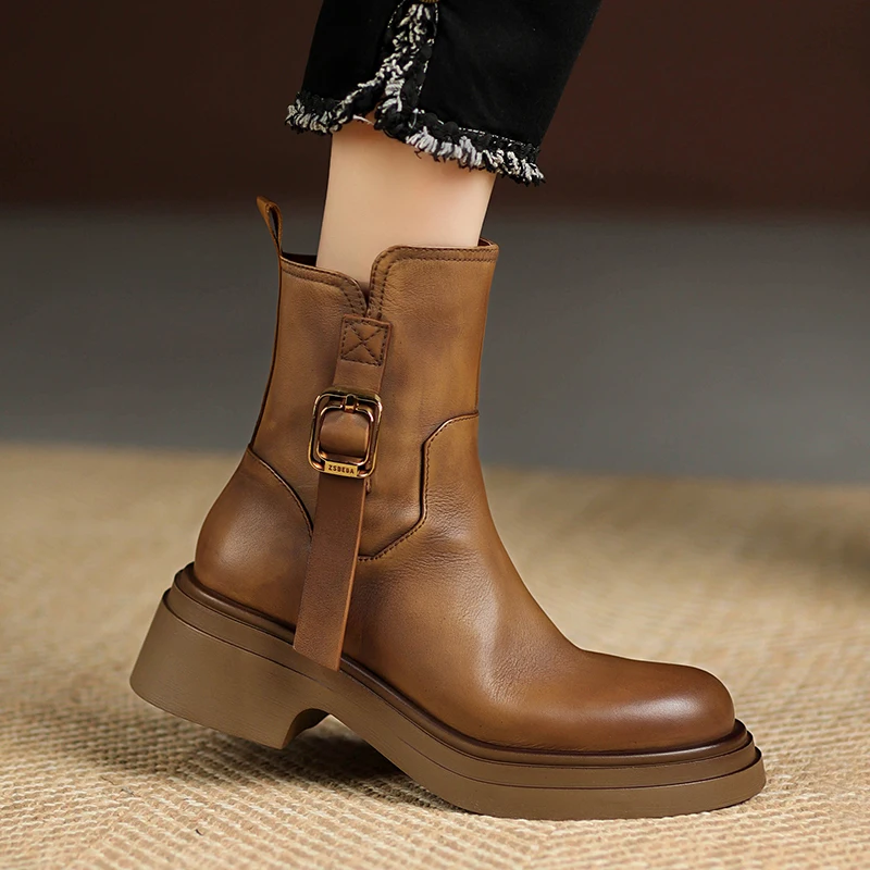 2024 Women Genuine Leather Ankle Boots Thick Heels Warm Motorcycle Shoes Female Autumnm Winter Short Shoes Boots Platform Boots