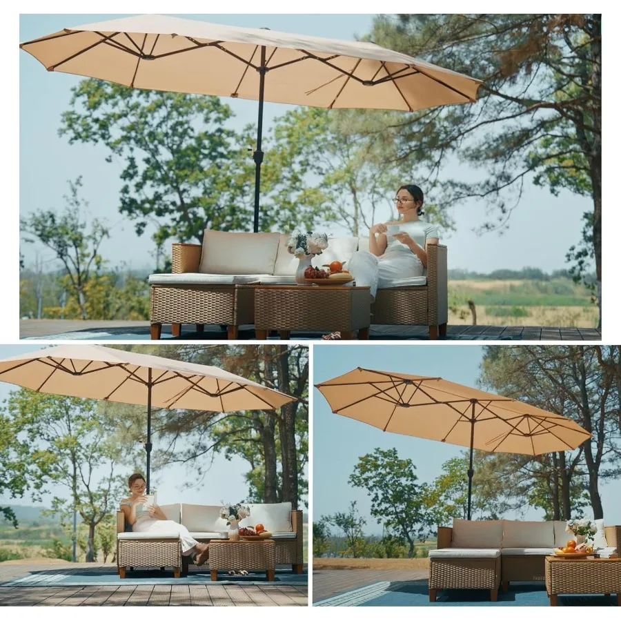 13 ft Outdoor Patio Umbrella Large Rectangular Double Sided Market Table Twin Umbrellas with Crank Handle for Deck Pool Beige P