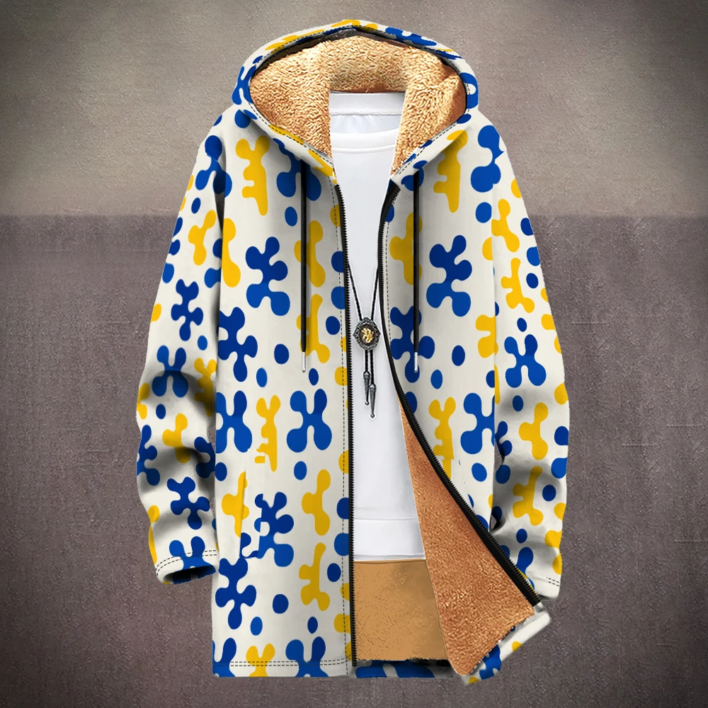 Abstract Geometric Printed Men Cardigan Coats Fleece Plush Thick Long Parka Jacket Warm Outerwear Unisex Plus Size Clothing