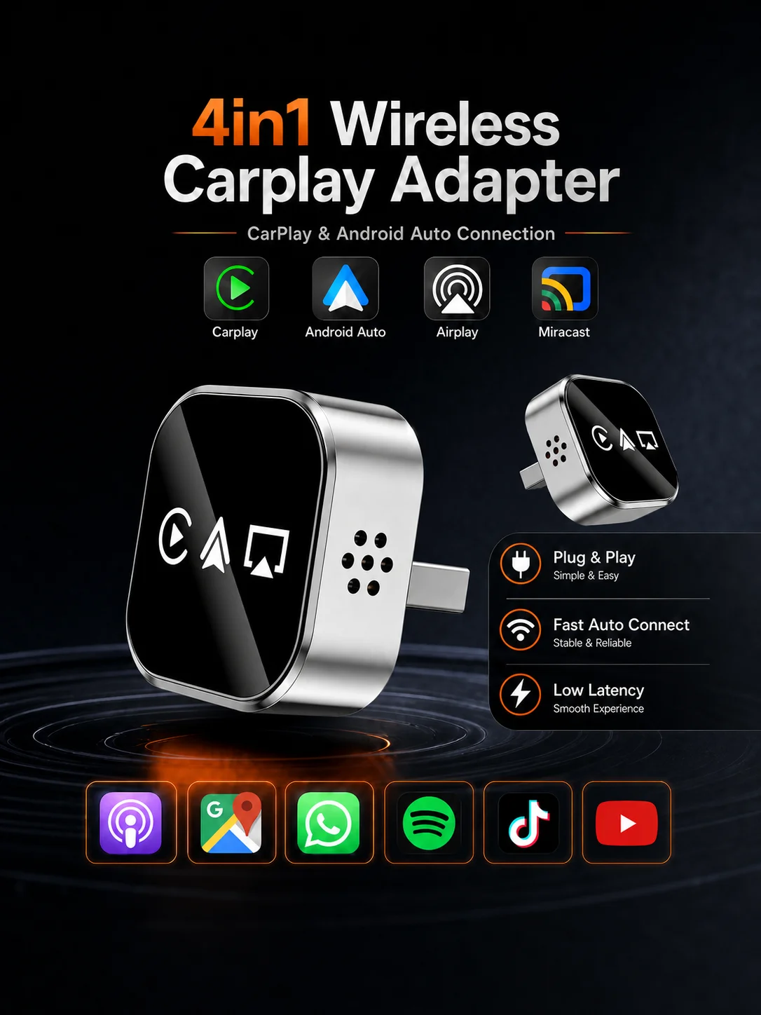 CarRocket Upgrade 4w1 Adapter Bluetooth Stabilny, Konwertujący Przewodowy CarPlay na Bezprzewodowy, Android Auto, AirPlay i Mirror Link, Do Audi, Benz, Toyota — 2