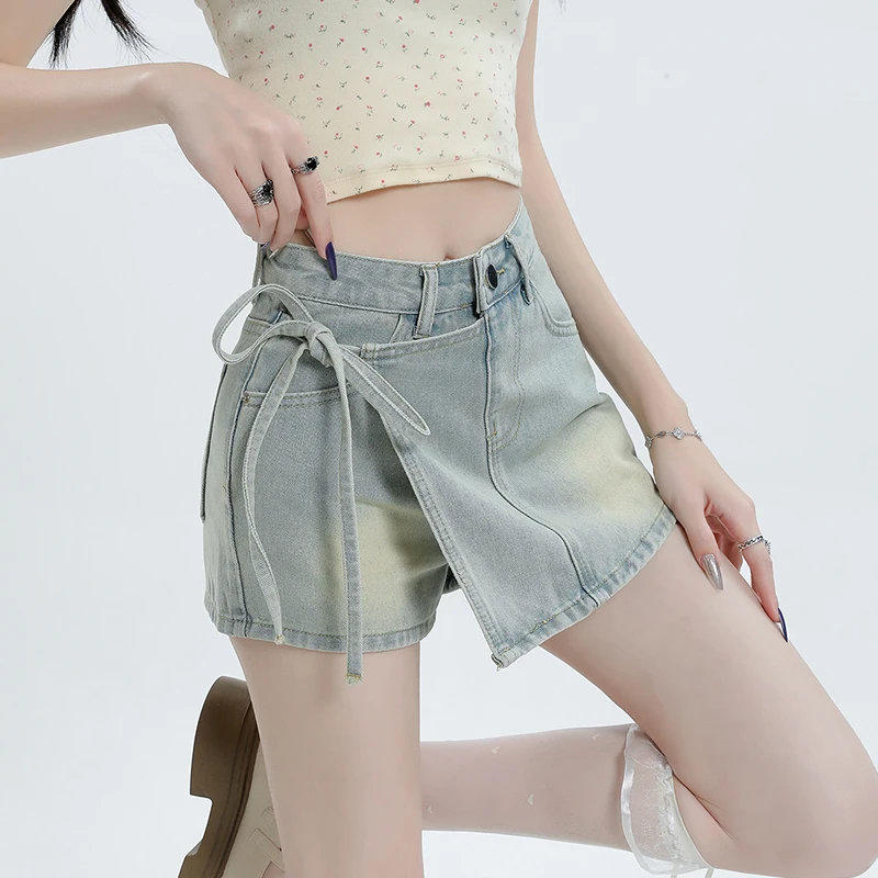 

Fake Two Piece Denim Shorts Skirt 2024 Y2K Fashion High Waist Slim A-line Irregular Short Skirt Streetwear Women Summer Jeans