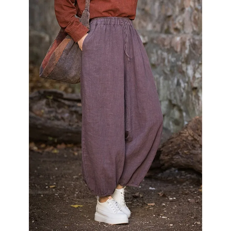 2024 New Arrival Autumn/winter Women Arts Style Cotton Linen Ankle-length Pants Casual Loose Elastic Waist Wide Leg Pants Y33