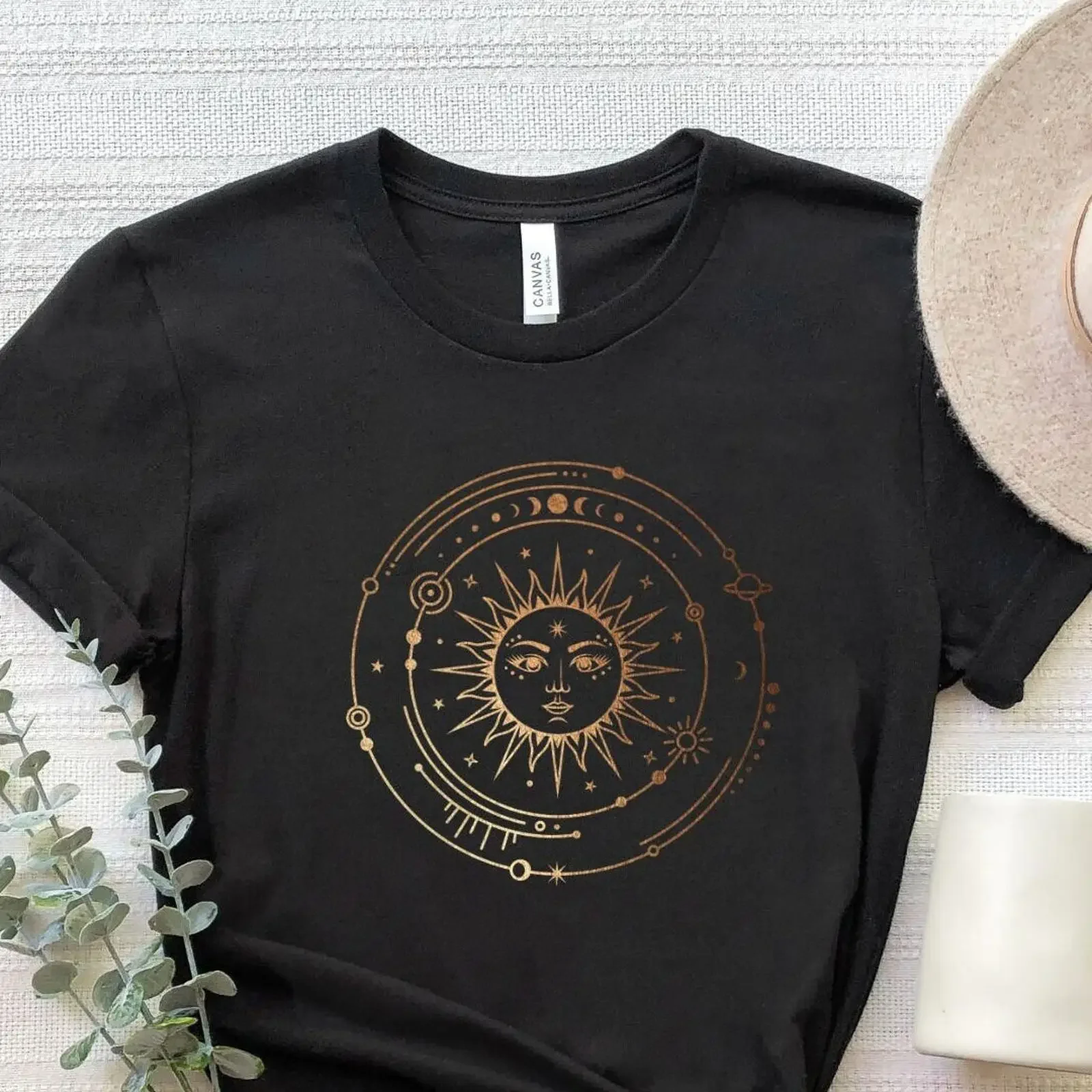 Mystical Celestial Sun Moon Phase T Shirt Boho Spiritual Magical Astrology Casual vintage Washed Unisex Stretched streetwear