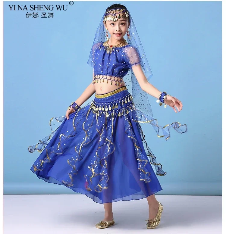 Indisches orientalisches ägyptisches Bauchtanz-Kostümset für Mädchen, 6 Farben, Bühnenoutfit für Kinder, Bauchtanzkleidung – Detail 17