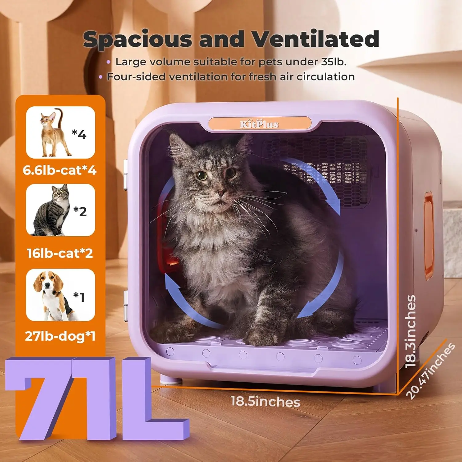 71L Ultra Quiet Pet Dryer Box for Dogs & Cats, Smart Temp Control, Ambient Light & Lock, Large Capacity Hair Dryer Box