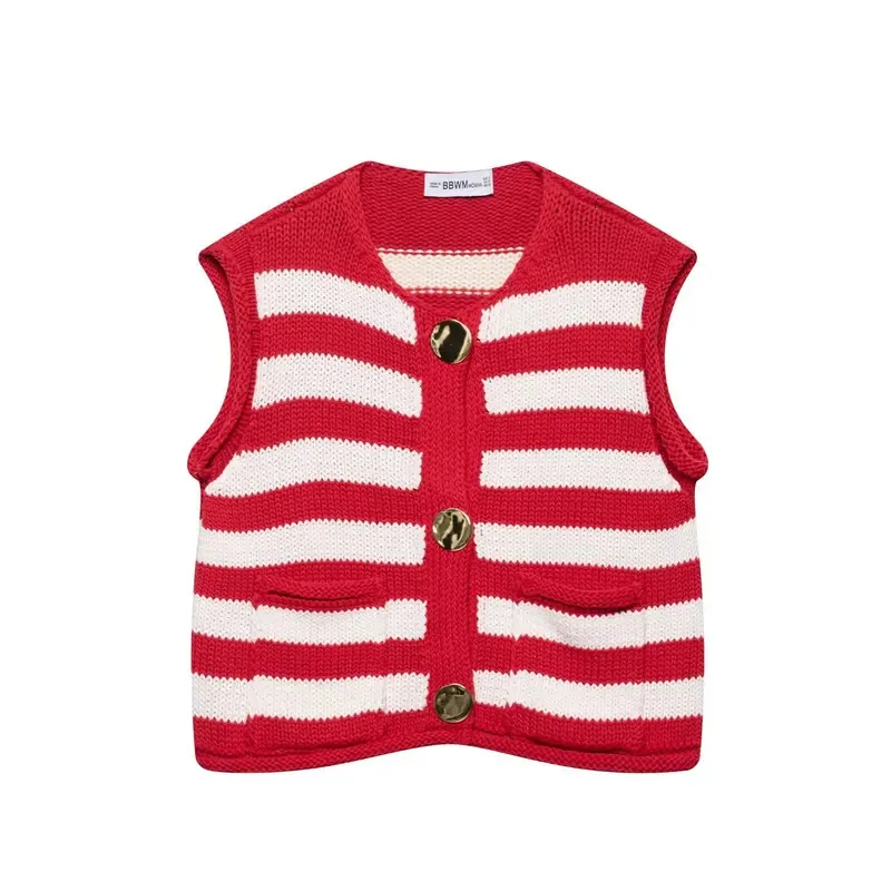 

Women's Sleeveless Knitted Ribbed Vest Sweater Fashion Cardigan with Large Pocket Patch Button Striped Top for Female