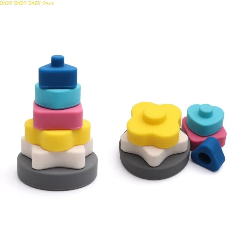 Q81A Tháp Stacking đầy màu sắc Khối đồ chơi Khối học Tumble Jumble Color nhận thức Squeezable Ring Tương tác Quà tặng cảm giác