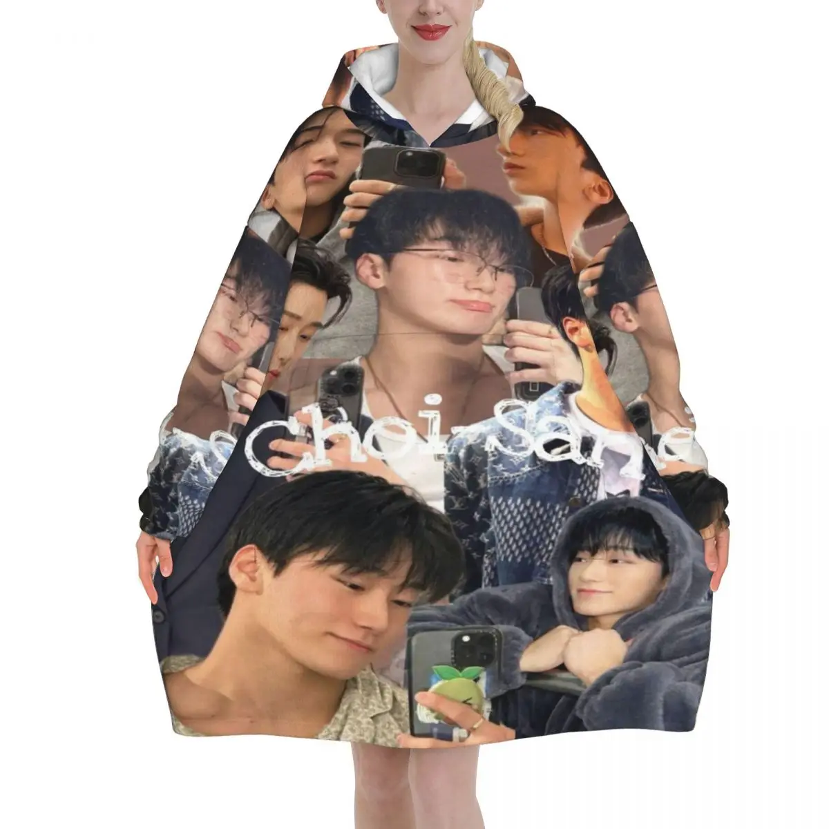 Choi San Bad Ateezs Wearable Blanket Hoodie for Women Men Oversized Sweatshirt Blanket with Pocket