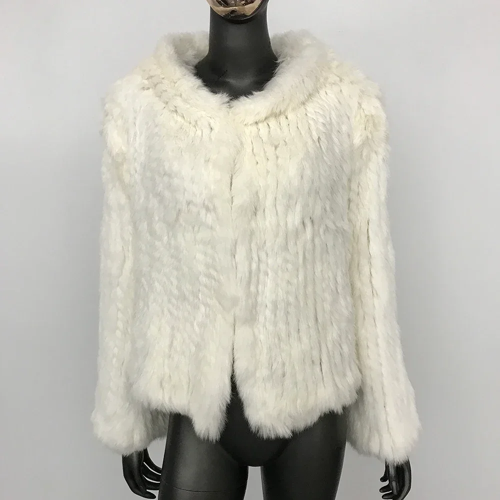 Short Rabbit Fur Coat Women's 2024 Autumn and Winter Thickened Hand-woven Knitted Fur Double-sided Hooded New Real Fur Coat