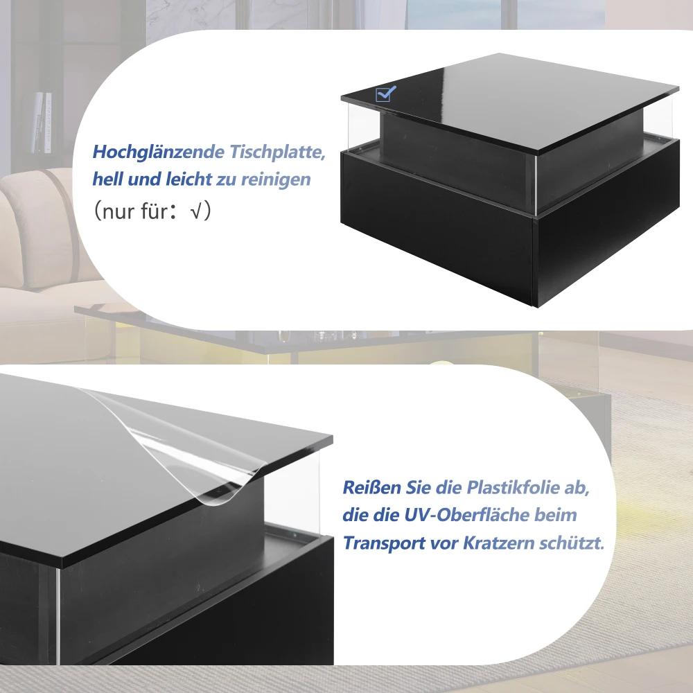70 x 70 x 41 cm großer moderner Hochglanz-LED-Couchtisch mit 2 Schubladen und transparentem Präsentationsbereich, belastbar bis zu 30 kg – Detail 11