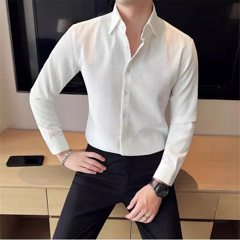 2025 Spring Autumn England Style Shirts Men Fashion Slim Fit Long Sleeve Shirts Mens Solid Color Smart Casual Male Blouse Tops