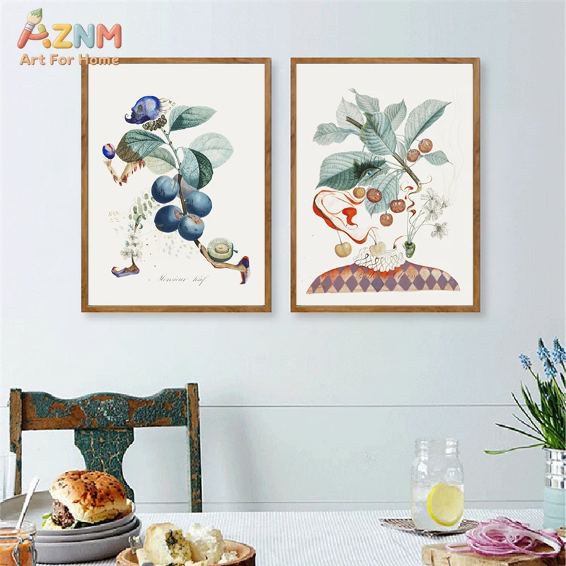 AZNM Surreal Botanical Fruit Figure Canvas Wall Art, Vintage Watercolor Lemon Cherry Blueberry Abstract Art Painting, Kitchen Ho view 5