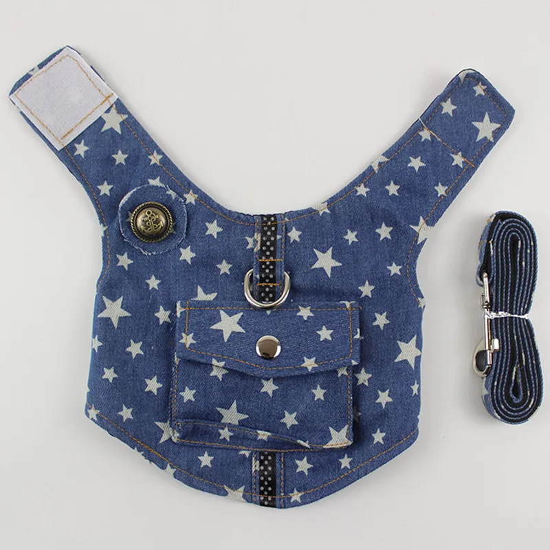 Denim Dog Harness and Leash Set Jeans Pet Vest Jacket For Small Puppy Dogs Teddy Chihuahua Yorkies Vest with Pocket 3 Size S M L