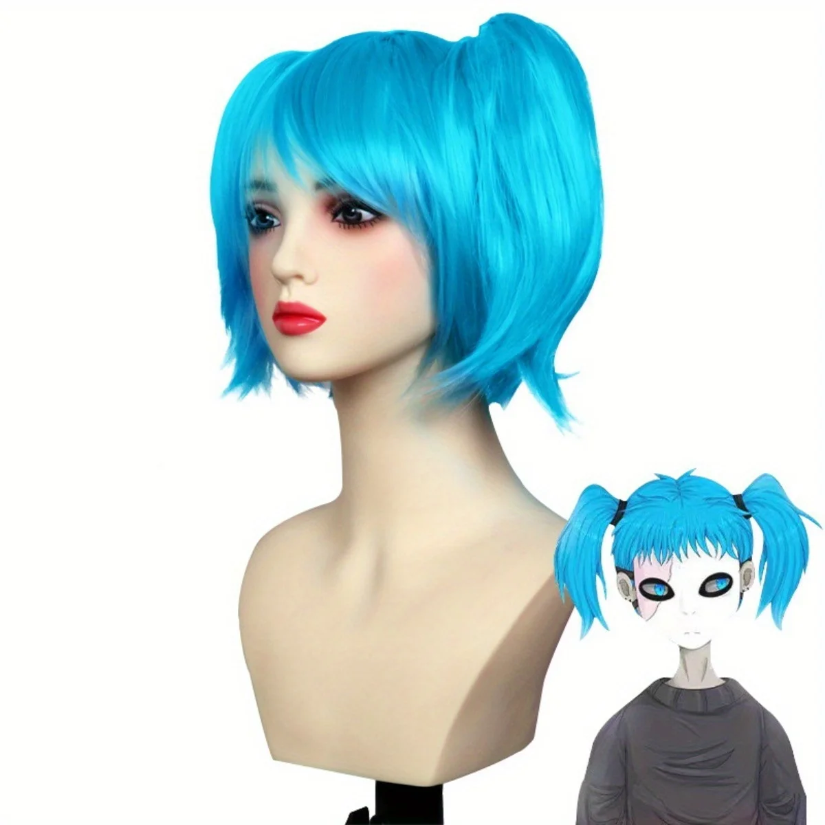 Bright Blue Double Ponytail Short Hair Synthetic Wig | Game Character Sally Face Cosplay Wig