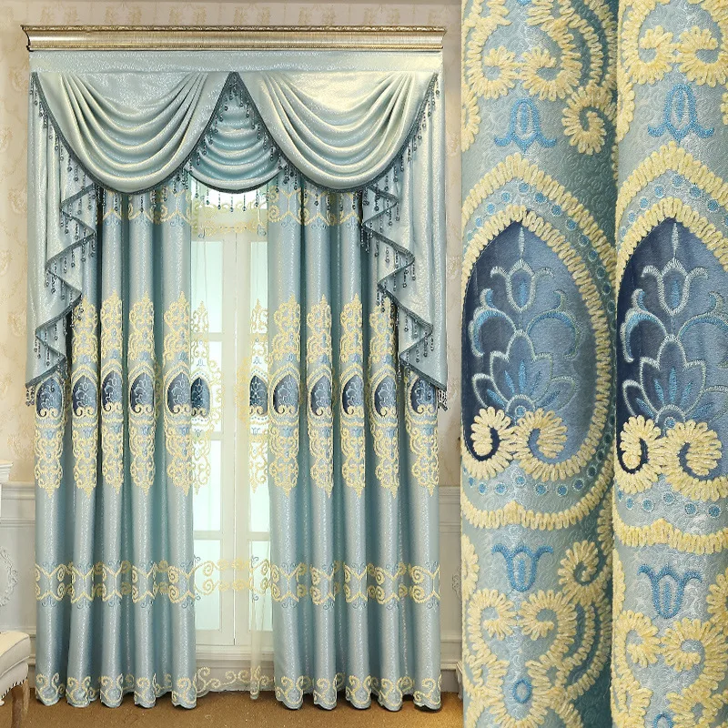 

European High-end Luxury Elegant Velvet Embroidered Translucent Window Curtains for Living Dining Room Bedroom Villa Hotel Home