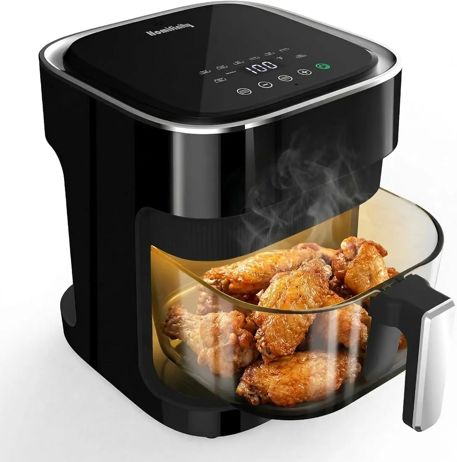 

Стеклянная аэрофритюрница объемом 4,5 л с корзиной из боросиликатного стекла, поддоном из нержавеющей стали, 8 предустановленными программами, можно мыть в посудомоечной машине