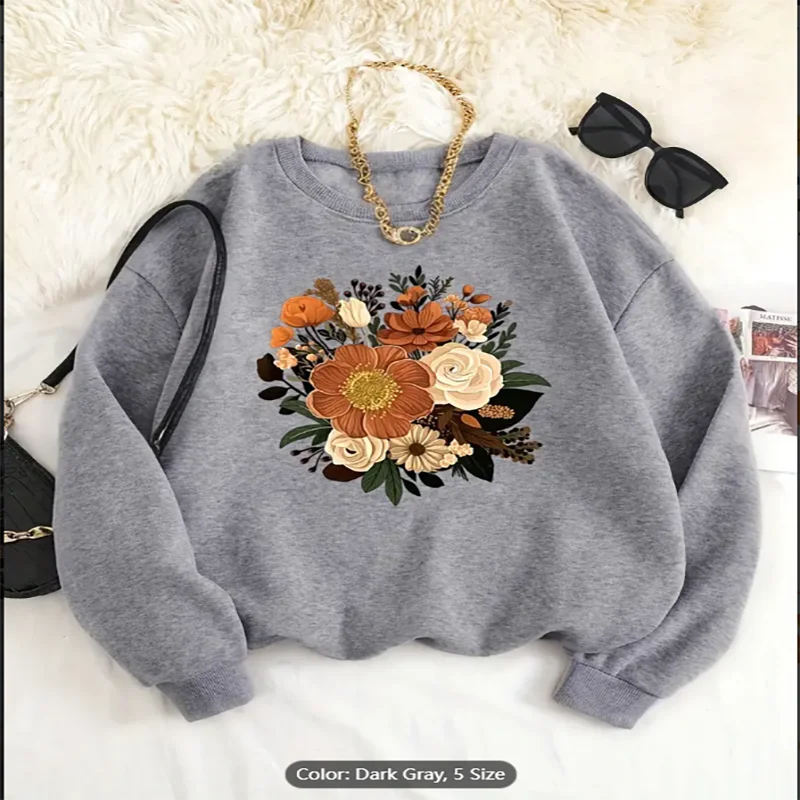 Casual Long-Sleeve Crewneck Sweatshirt with Vibrant Floral Design Soft Gray Perfect for Winter Everyday Comfort