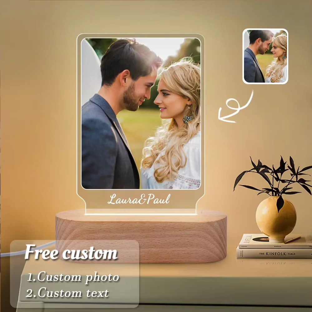 Personalized Photo 3D Lamp Wooden Base Engraved Text Bedroom Night Light Wedding Anniversary Christmas Gift Drop Shipping