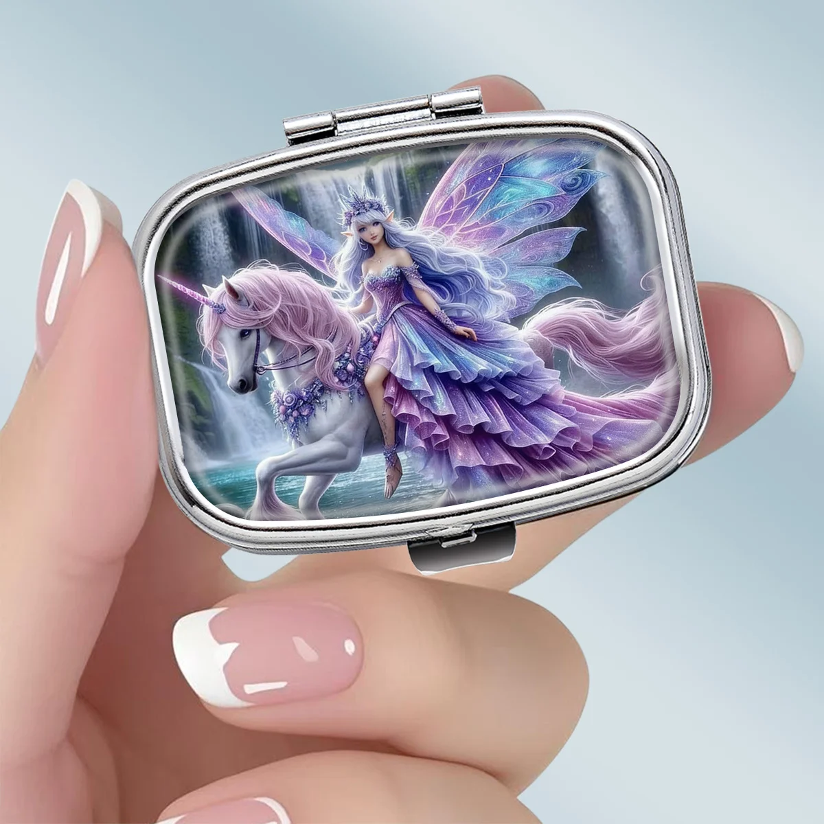 1PC Fairy Tale-Style Metal Pill Box in Fantasy Purple - Square 2-Compartment Portable Medicine Storage Box, Food-Grade Vitamin Organizer, Perfect for Travel or as a Handheld Decorative Gift, Lightweight Design, Specially Designed for Daily Medication Use