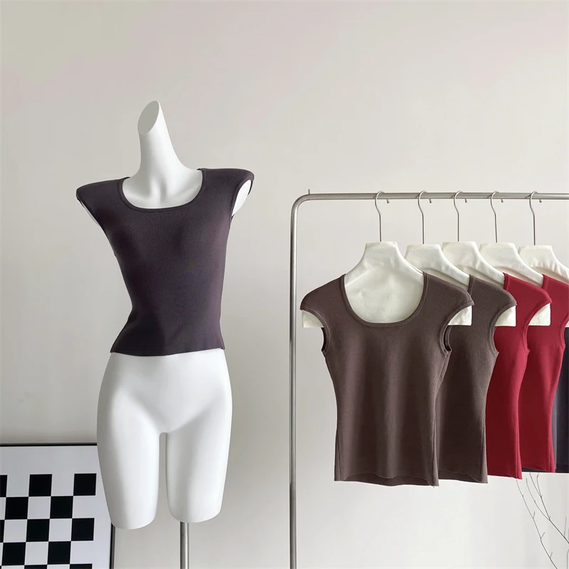

Sweet Hot Girl Square Collar Knitted Short-sleeved T-shirt for Women's Summer Solid Color Chic Flying Sleeve Top Female Clothes